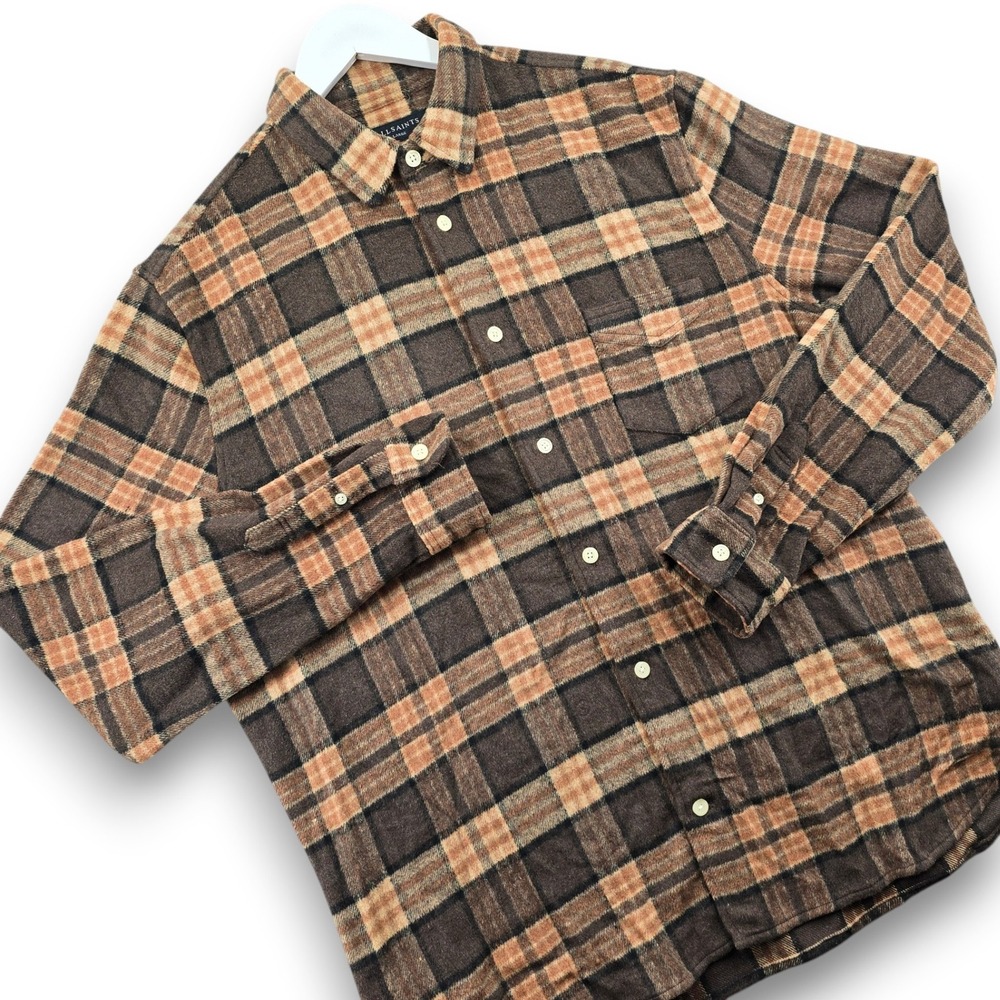 AllSaints Valdale Plaid LS Shirt Mens Large Brown Orange Wool Blend